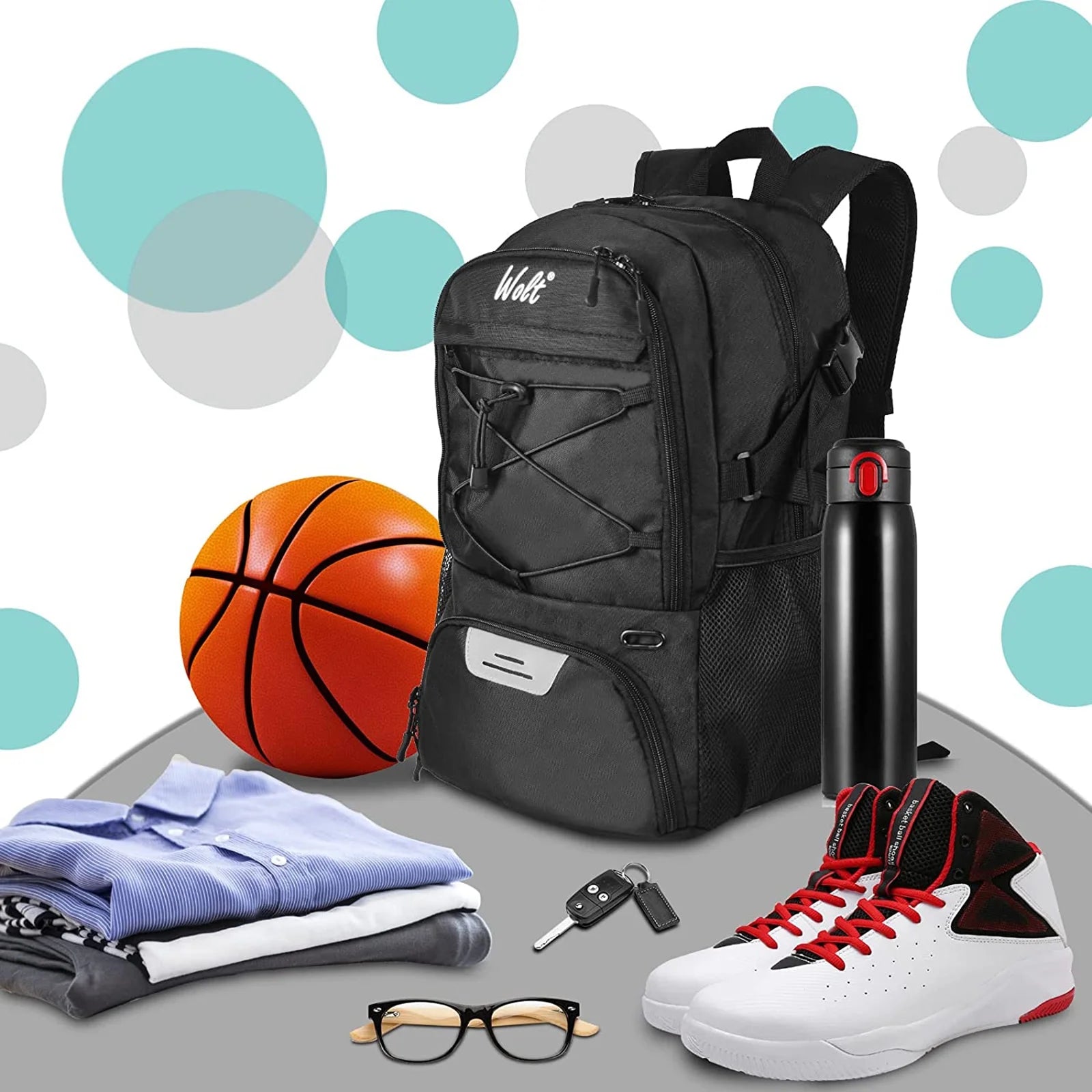 Black Basketball Bag Backpack for Man - Ventilated Shoe & Ball Compartments, 34L Basketball Bag