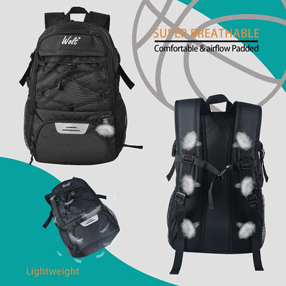 Black Basketball Bag Backpack for Man - Ventilated Shoe & Ball Compartments, 34L Basketball Bag