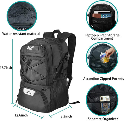 Black Basketball Bag Backpack for Man - Ventilated Shoe & Ball Compartments, 34L Basketball Bag