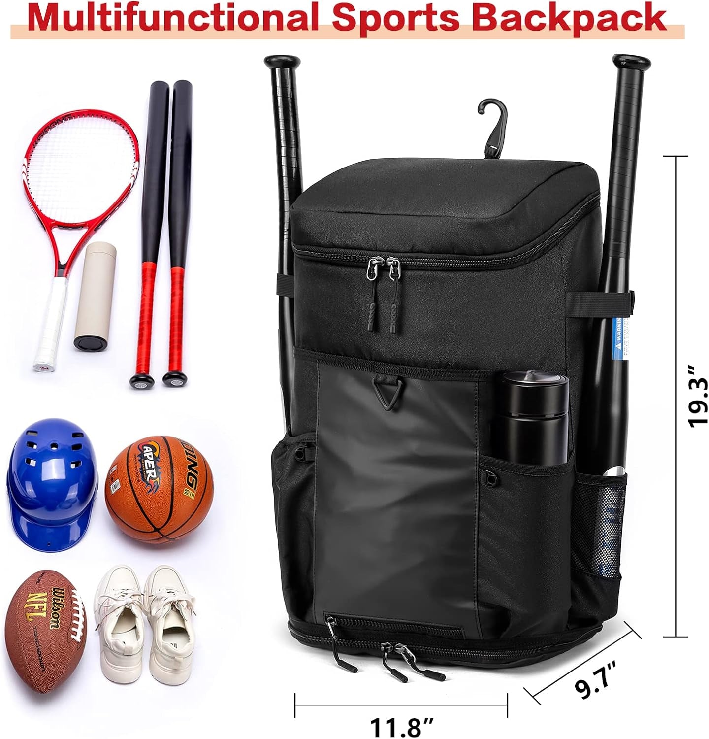 Baseball Backpack Equipment Bag for Adult with 2/4 Bat Holder & Fence Hook Lightweight Mens Softball Bag with Shoes Compartment Coaches Catchers Team Baseball Gear Bags Youth Boys