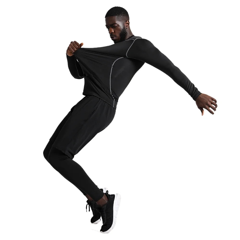 5Pcs Men'S Workout Set Gym Clothing Compression Leggings Shorts Shirt Long Sleeve Top for Running