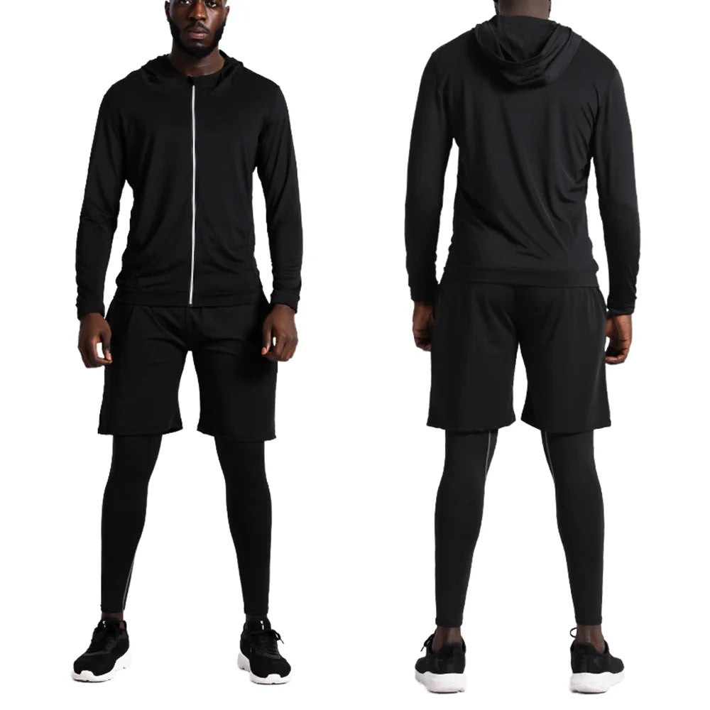 5Pcs Men'S Workout Set Gym Clothing Compression Leggings Shorts Shirt Long Sleeve Top for Running