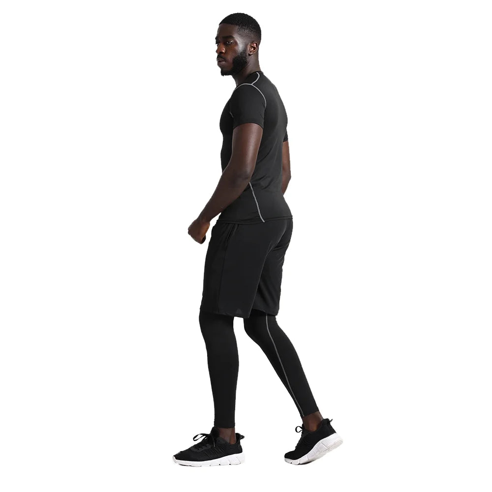 5Pcs Men'S Workout Set Gym Clothing Compression Leggings Shorts Shirt Long Sleeve Top for Running