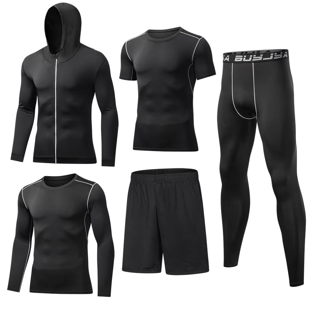5Pcs Men'S Workout Set Gym Clothing Compression Leggings Shorts Shirt Long Sleeve Top for Running