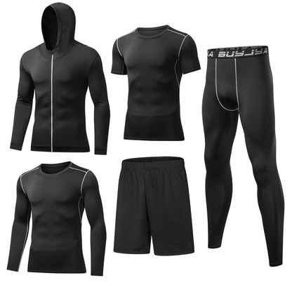 5Pcs Men'S Workout Set Gym Clothing Compression Leggings Shorts Shirt Long Sleeve Top for Running