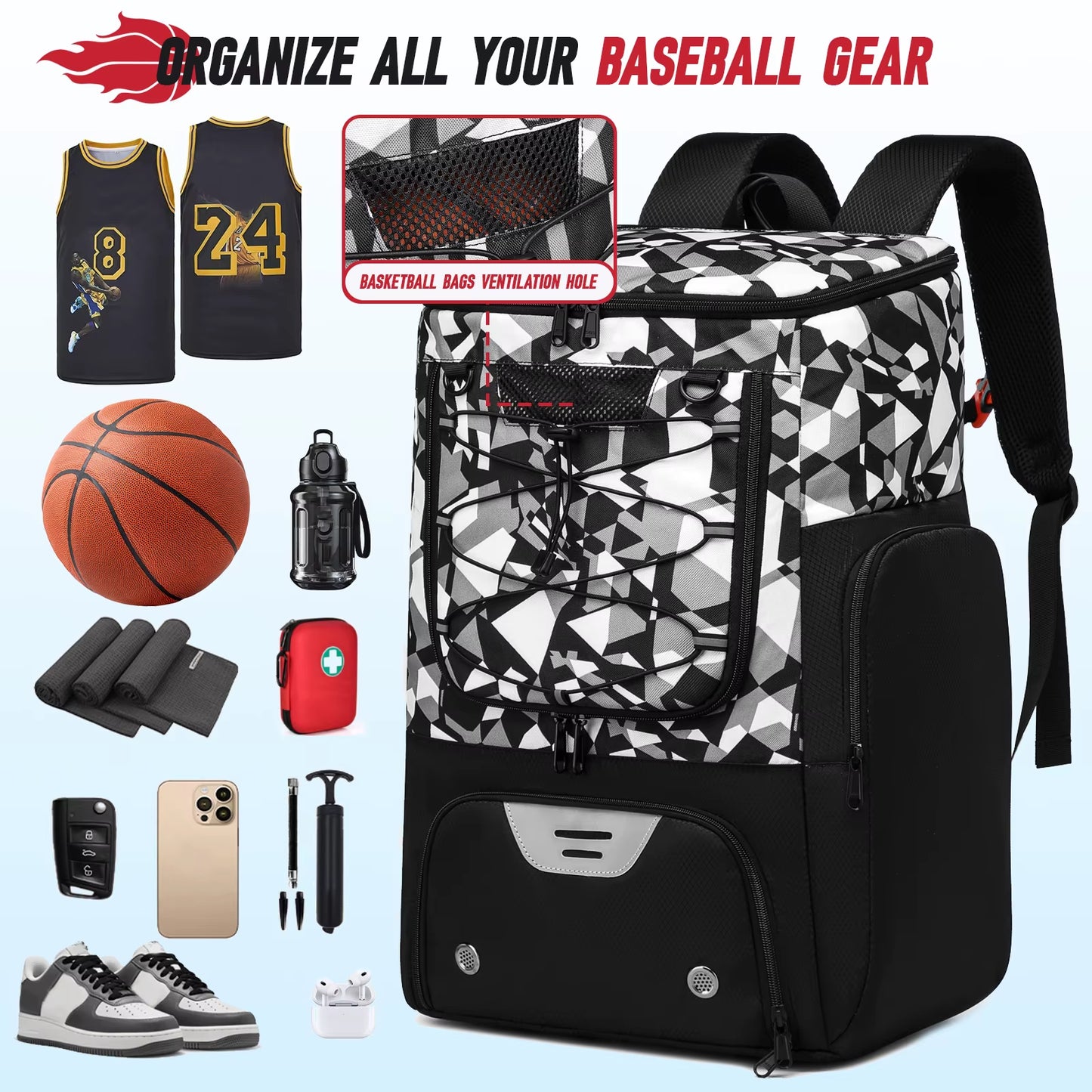 Sports Training Equipment Basketball Backpack with Separate Ball Holder & Shoes Compartment Gym Backpack for Basketball Soccer