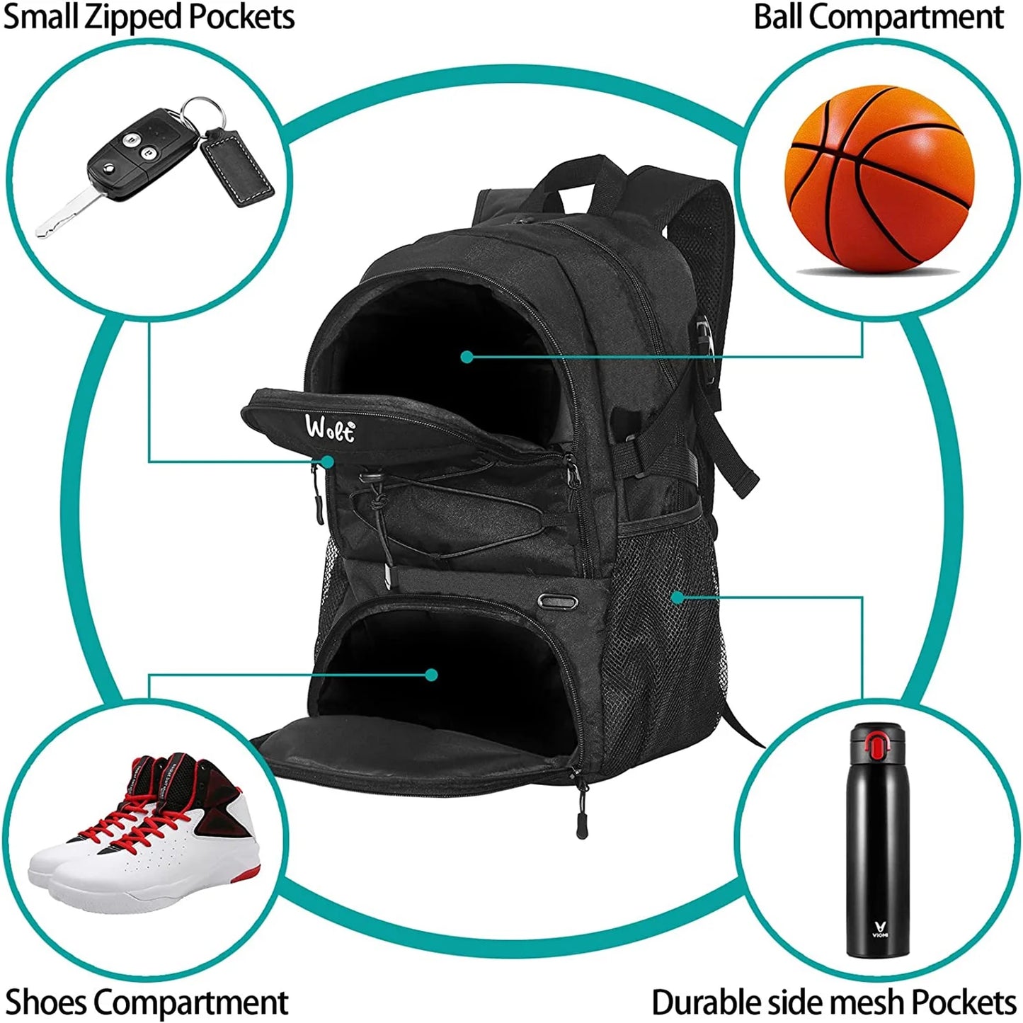 Black Basketball Bag Backpack for Man - Ventilated Shoe & Ball Compartments, 34L Basketball Bag