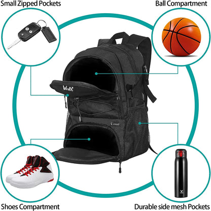 Black Basketball Bag Backpack for Man - Ventilated Shoe & Ball Compartments, 34L Basketball Bag